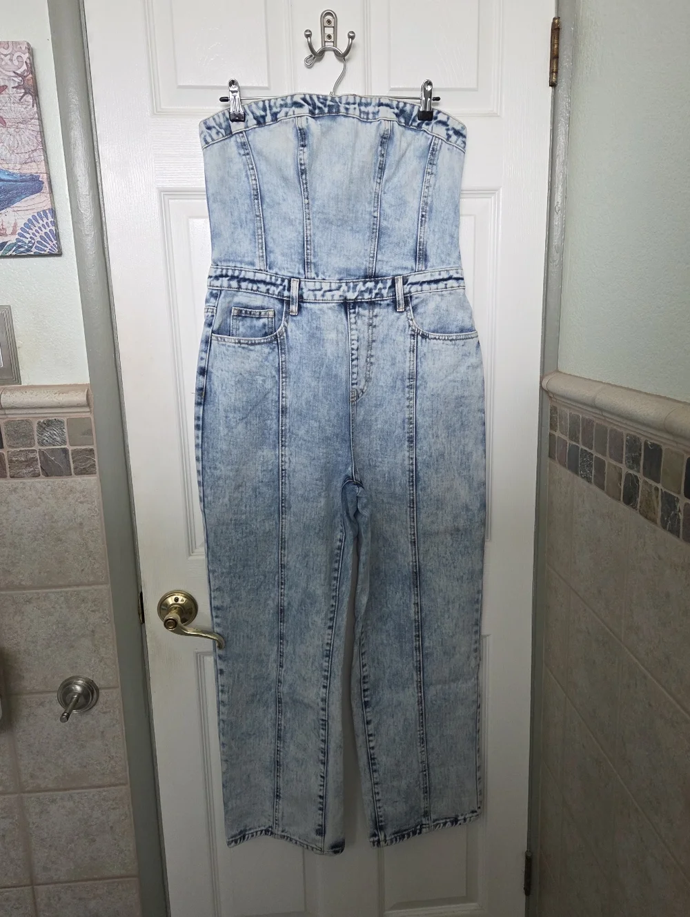 PrettyLittleThing Acid Wash BlueDenim Strapless Jumpsuit Western Boho Glam Y2K 8
